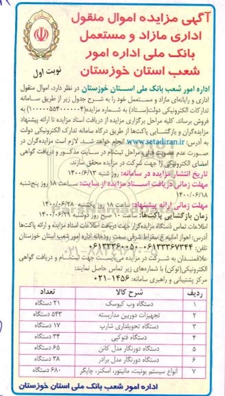مزایده اموال منقول اداری مازاد و مستعمل
