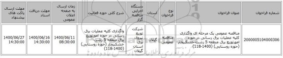 مناقصه عمومی یک مرحله ای واگذاری کلیه عملیات برق رسانی در حوزه امورتوزیع برق منطقه 5 رشت-خشکبیجار (حوزه روستایی) (1400-118)