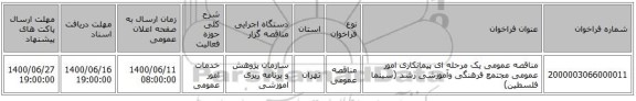 مناقصه عمومی یک مرحله ای پیمانکاری امور عمومی مجتمع فرهنگی وآموزشی رشد (سینما فلسطین)
