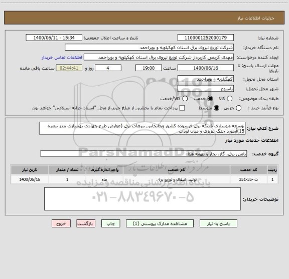 استعلام توسعه ونوسازی شبکه برق فرسوده کشور وجابجایی تیرهای برق (عوارض طرح جهادی بهسازی بندز تبصره 15)آبمورد چنگ عزیزی و میان لوداب