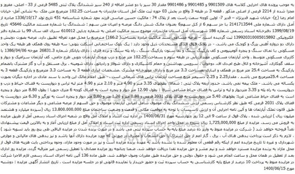 آگهی مزایده ششدانگ پلاک ثبتی 5485 فرعی از 33 - اصلی، مفروز و مجزا شده از 2214 فرعی از اصلی