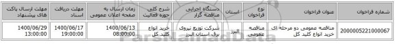 مناقصه عمومی دو مرحله ای خرید انواع کلید کل 