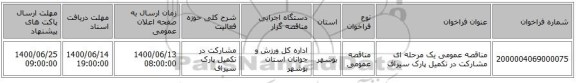 مناقصه عمومی یک مرحله ای مشارکت در تکمیل پارک سیراف