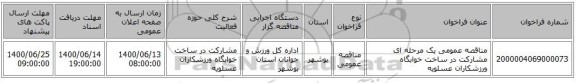 مناقصه عمومی یک مرحله ای مشارکت در ساخت خوابگاه ورزشکاران عسلویه