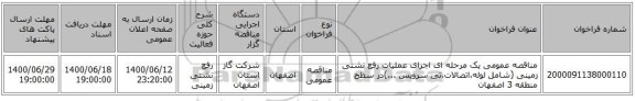 مناقصه عمومی یک مرحله ای اجرای عملیات رفع نشتی زمینی (شامل لوله،اتصالات،تی سرویس ...)در سطح منطقه 3 اصفهان