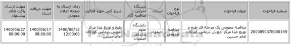مناقصه عمومی یک مرحله ای طبخ و توزیع غذا مرکز آموزش درمانی کودکان امام حسین 