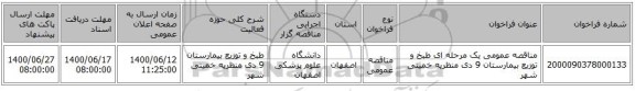 مناقصه عمومی یک مرحله ای طبخ و توزیع بیمارستان 9 دی منظریه خمینی شهر