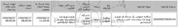 مناقصه عمومی یک مرحله ای طبخ و توزیع غذا بیمارستان حضرت رسول فریدونشهر