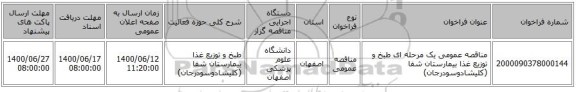 مناقصه عمومی یک مرحله ای طبخ و توزیع غذا بیمارستان شفا (کلیشادوسودرجان)