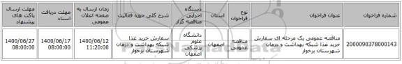 مناقصه عمومی یک مرحله ای سفارش خرید غذا شبکه بهداشت و درمان شهرستان برخوار
