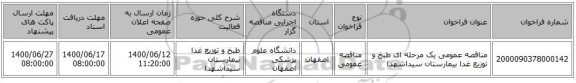 مناقصه عمومی یک مرحله ای طبخ و توزیع غدا بیمارستان سیداشهدا