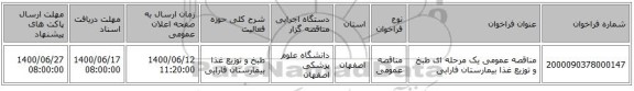 مناقصه عمومی یک مرحله ای طبخ و توزیع غذا بیمارستان فارابی