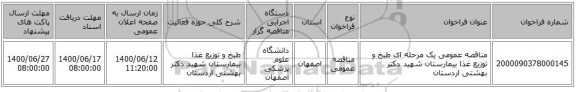 مناقصه عمومی یک مرحله ای طبخ و توزیع غذا بیمارستان شهید دکتر بهشتی اردستان