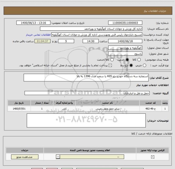 استعلام استجاره سه دستگاه خودرو پژو 405 یا سمند مدل 1396 به بالا