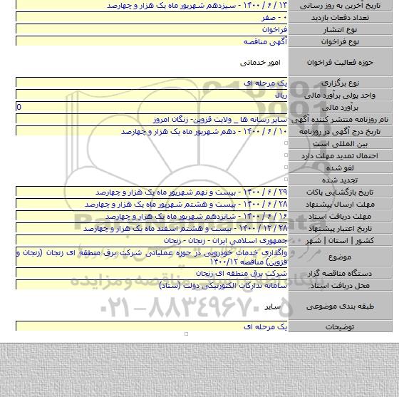 واگذاری خدمات خودرویی در حوزه عملیاتی شرکت برق منطقه ای زنجان (زنجان و قزوین) مناقصه ۱۴۰۰/۱۲