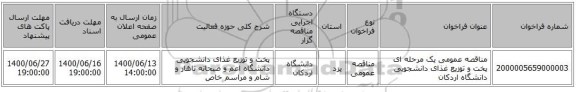 مناقصه عمومی یک مرحله ای پخت و توزیع غذای دانشجویی دانشگاه اردکان