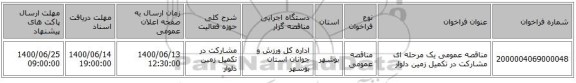 مناقصه عمومی یک مرحله ای مشارکت در تکمیل زمین دلوار