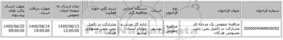 مناقصه عمومی یک مرحله ای مشارکت در تکمیل زمین چمن مصنوعی هدکان