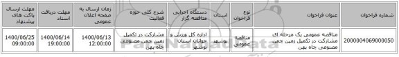 مناقصه عمومی یک مرحله ای مشارکت در تکمیل زمین چمن مصنوعی چاه پهن