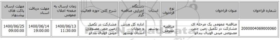 مناقصه عمومی یک مرحله ای مشارکت در تکمیل زمین چمن مصنوعی مینی فوتبال بندالو
