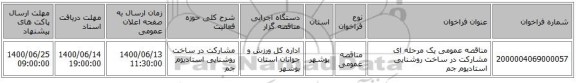 مناقصه عمومی یک مرحله ای مشارکت در ساخت روشنایی استادیوم جم