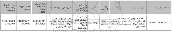 مناقصه عمومی یک مرحله ای راهسازی و آسفالت معابر جمع آوری وهدایت آبهای سطحی شهرک مرزی قصرشیرین