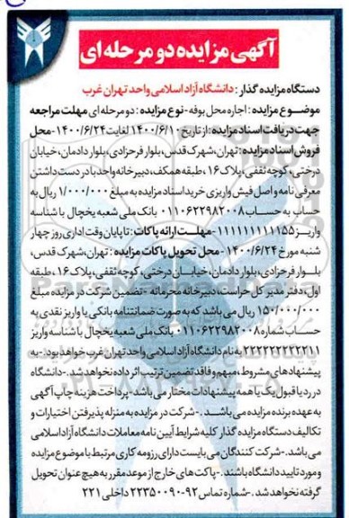 مزایده، مزایده اجاره محل بوفه