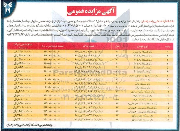 مزایده،مزایده فروش تعدادی از خودروهای مازاد شامل 18 دستگاه