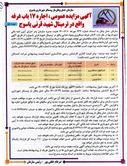 مزایده اجاره 17 باب غرفه