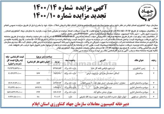 مزایده مزایده تجدید فروش املاک مازاد کاربری اداری و کشاورزی
