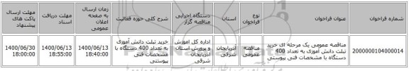 مناقصه عمومی یک مرحله ای خرید تبلت دانش آموزی به تعداد 400 دستگاه با مشخصات فنی پیوستی