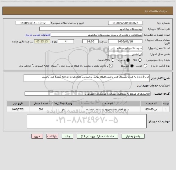 استعلام این قرارداد به مدت یکسال می باشد.ومبلغ نهایی براساس تعدادنفرات مراجع کننده می باشد.