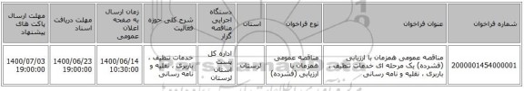 مناقصه عمومی همزمان با ارزیابی (فشرده) یک مرحله ای خدمات تنظیف ، باربری ، نقلیه و نامه رسانی 