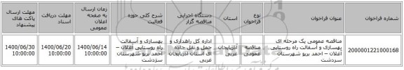 مناقصه عمومی یک مرحله ای بهسازی و آسفالت راه روستایی آغلان – احمد بریو شهرستان سردشت