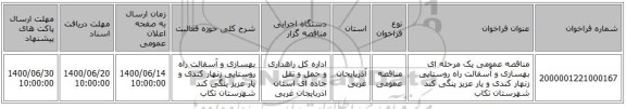 مناقصه عمومی یک مرحله ای بهسازی و آسفالت راه روستایی زنهار کندی  و یار عزیز ینگی کند شهرستان تکاب