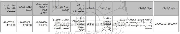 مناقصه عمومی همزمان با ارزیابی (فشرده) یک مرحله ای عملیات خاکی و بستر سازی توسعه شهرک صنعتی آشتیان