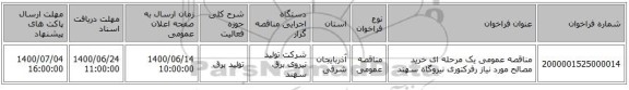 مناقصه عمومی یک مرحله ای خرید مصالح مورد نیاز  رفرکتوری نیروگاه سهند 