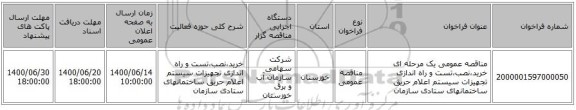 مناقصه عمومی یک مرحله ای خرید،نصب،تست و راه اندازی تجهیزات سیستم اعلام حریق ساختمانهای ستادی سازمان