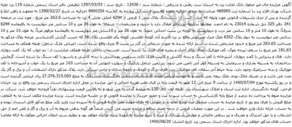 آگهی مزایده ششدانگ پلاک ثبتی 1 فرعی از 6294 اصلی بخش 4 یزد به مساحت 263.6 متر مربع