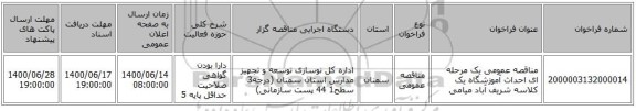 مناقصه عمومی یک مرحله ای احداث آموزشگاه یک کلاسه شریف آباد میامی