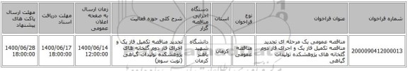 مناقصه عمومی یک مرحله ای تجدید مناقصه تکمیل فاز یک و اجرای فاز دوم گلخانه های پژوهشکده تولیدات گیاهی 