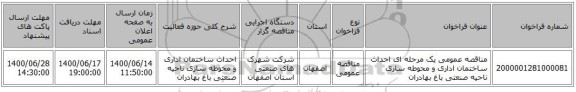 مناقصه عمومی یک مرحله ای احداث ساختمان اداری و محوطه سازی ناحیه صنعتی باغ بهادران 