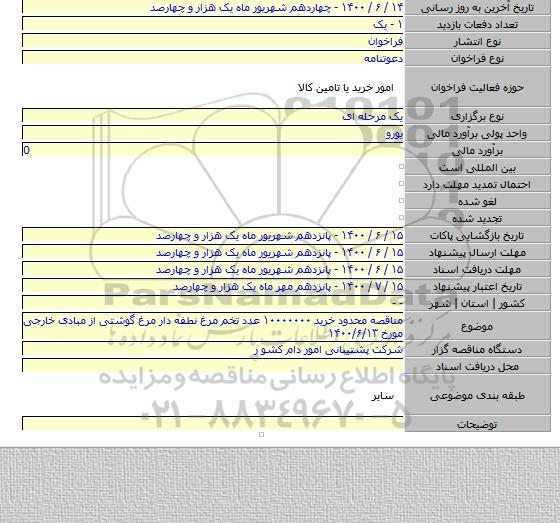 مناقصه محدود خرید ۱۰۰۰۰۰۰۰ عدد تخم مرغ نطفه دار مرغ گوشتی از مبادی خارجی مورخ ۱۴۰۰/۶/۱۳