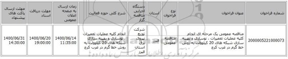 مناقصه عمومی یک مرحله ای انجام کلیه عملیات تعمیرات ، نوسازی و بهینه سازی شبکه های  20 کیلوولت به روش خط گرم در غرب کرج