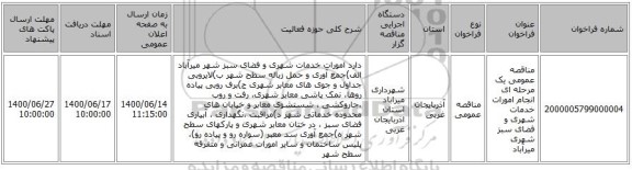 مناقصه عمومی یک مرحله ای انجام امورات خدمات شهری و فضای سبز شهری میرآباد