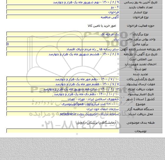 ۲۶۰۰۰۰۰ عدد میکروکووت هموگلوبینومتری