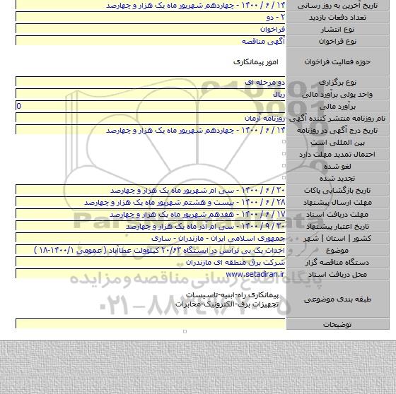 احداث یک بی ترانس در ایستگاه ۲۰/۶۳ کیلوولت عطاآباد ( عمومی ۱۴۰۰/۱-۱۸ )