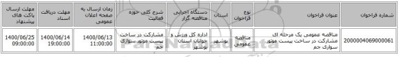 مناقصه عمومی یک مرحله ای مشارکت در ساخت پیست موتور سواری جم