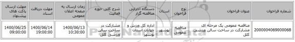 مناقصه عمومی یک مرحله ای مشارکت در ساخت سالن ورزشی کلل