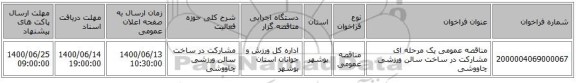 مناقصه عمومی یک مرحله ای مشارکت در ساخت سالن ورزشی چاووشی